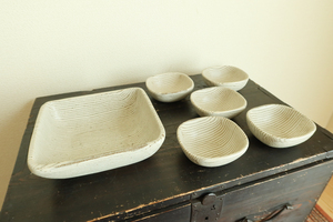 赤田士朗　角皿　6客 まとめて　堆彩陶 練上げ陶器 地模様 土の織物 織物柄 皿 角皿
