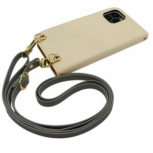 arrows N F-51C アローズエヌ スマホショルダー（手帳クリーム×ストラップ:アッシュグレー）カバー 手帳 くすみカラー