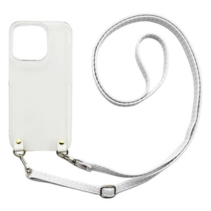 iPhone15 Plus（ホワイト）ストラップホルダー クリアケース ショルダー くすみカラー 肩掛け 斜めがけ