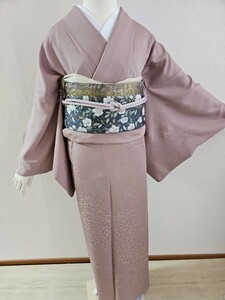 すずや■283正絹刺繍付け下げ袷　裄丈69cm 　鴇浅葱がかった薄小豆色系