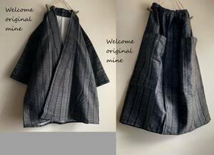 U-7　木綿紬絣黒地の羽織コート&ギャザースカートのセットアップ handmade 