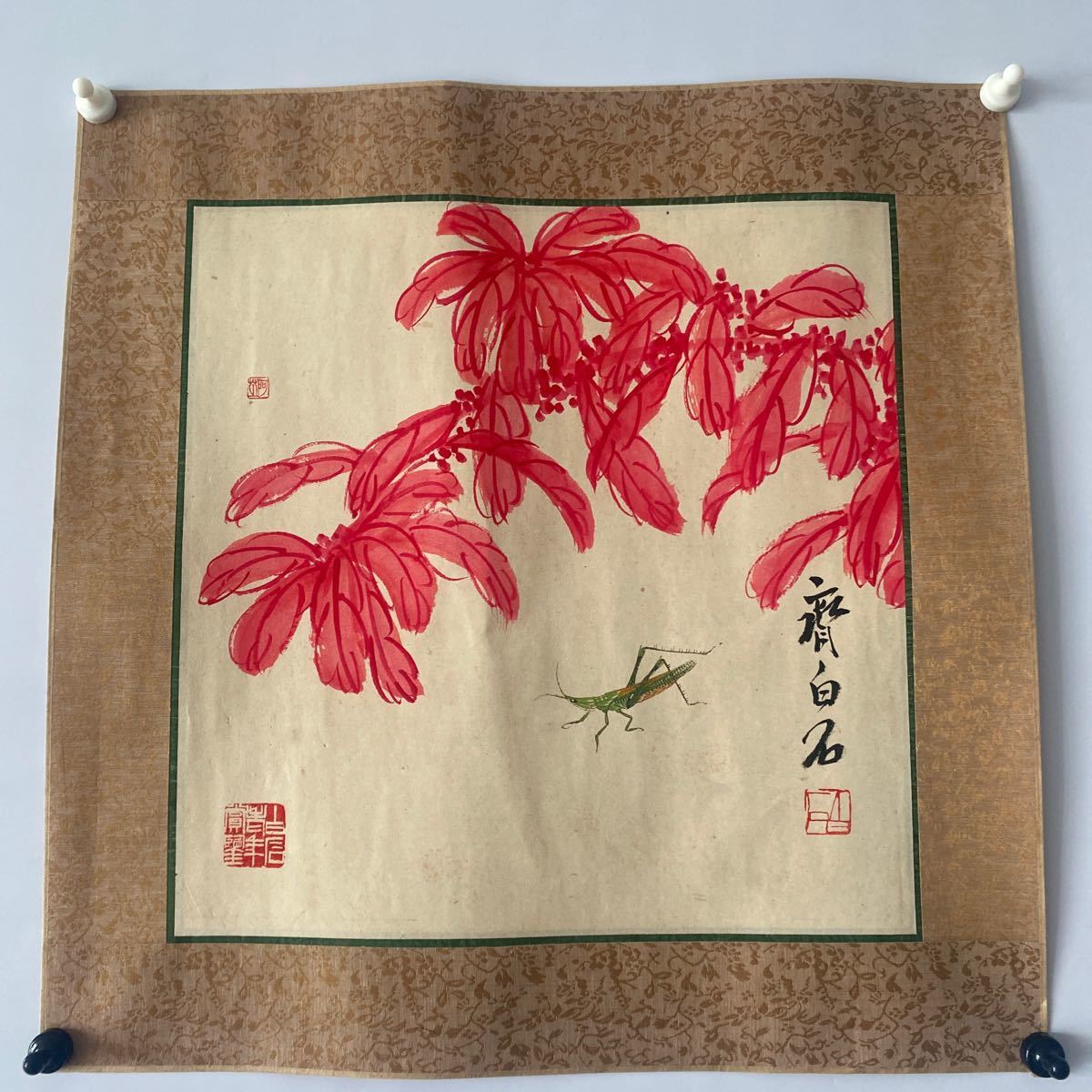 Peinture d'herbe et d'insectes du maître chinois Qi Baishi Peinture de phénix et de criquets par Qi Baishi Sceau : Aki, Livre d'appréciation des personnes âgées de Shubun Baishi, Texte blanc, Miroir Coeur, 48x48cm, Œuvre authentique garantie, manuscrit, Numéro de contrôle : 363, Ouvrages d'art, Peinture, Peinture à l'encre