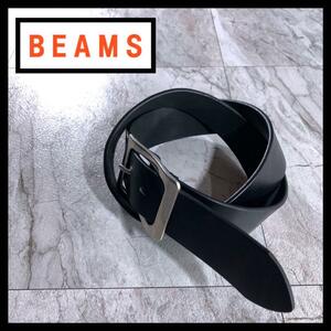 BEAMS イタリアン レザー スクウェアバックル ベルト ブラック L