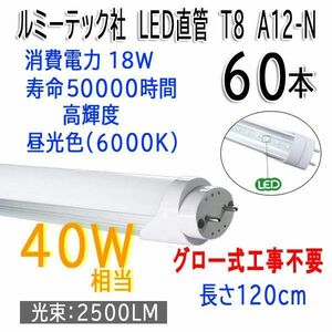 ■je048■(2)ルミーテック社 LED直管蛍光灯 T8 40W形 昼光色 A12-N 60本【シンオクH】