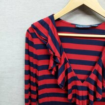 Z606 POLO RALPH LAUREN ポロ ラルフローレン レディース デザイン カットソー 長袖 フリル ボーダー レッド ネイビー パンク Vネック 古着_画像3