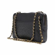 CHANELシャネルプルチャーム付き ダブルチェーンショルダー オーストリッチ 黒（ゴールド金具）ショルダーバッグ ミニショル_画像2