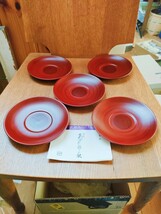 ★ 木曽漆器 古代あかね塗 茶托 5枚セット 木製 茶器 茶道具 漆器 漆塗 うるし塗 漆芸 箱付 天然木 赤 赤色 古代あかねぬり 朱塗 朱色_画像1