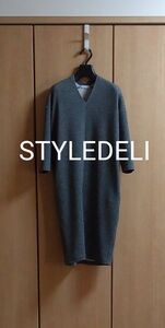 【数回used】STYLEDELI スタイルデリ ポンチ素材 七分袖 Vネック ワンピース グレー