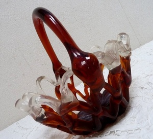 (☆BM)古いガラスのバスケット 昭和レトロ アンティーク 花籠 置物 オブジェ 珍品 レア 懐かしい 花器 フルーツ