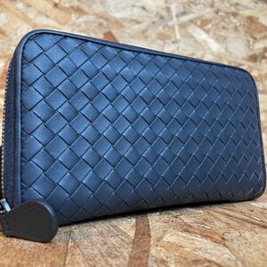 1円~美品 ボッテガヴェネタ イントレチャート ラウンドファスナー BOTTEGA VENETA 長財布 男女 小銭入れ 新型 ■バイカラー■ネイビー