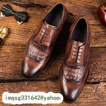 新入荷 ビジネスシューズ メンズシューズ シューズ 靴 フォーマル ロングノーズ ローカット 紐靴 紳士靴 ワニ柄 ブラウン 24.5cm~28.5cm_画像1