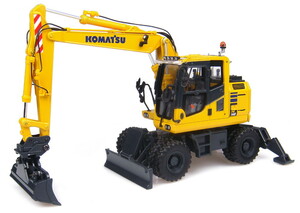 匿名送料無料 ★KOMATSU 建設機械ミニチュア コマツ ホイール式油圧ショベル ☆PW148-10 ★法面バケット/標準バケット2種付属 1/50 即決！