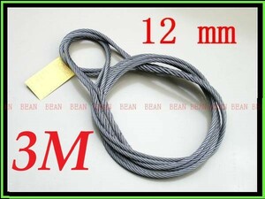 ☆ ワイヤロープ【台付け　ワイヤーロープ】１２ｍｍ４分/３Ｍ 編み込み加工 ロープ屋直”３万円以上送料無料”新品未使用(台付け)