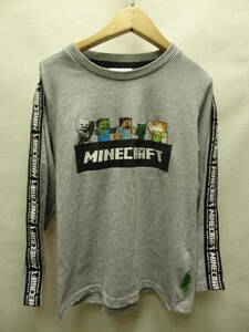 全国送料無料 マインクラフト MINECRAFT 子供服キッズ男&女の子 プリント 杢グレー色 長袖 肩ロゴラインTシャツ 150