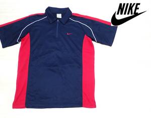 ☆NIKE　☆ナイキ　☆ゴルフウエア　☆ハーフジップ　☆YKKファスナー　☆ラグラン袖　☆半袖ポロシャツ　☆ネイビー×レッド　☆M