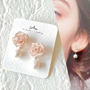 薔薇のピアス　ディップフラワー　2way パール　ディップアート