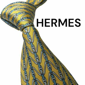 643 美品　HERMES ネクタイ　総柄　イエロー　ハイブランド