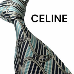 660.美品　CELINE ネクタイ　ストライプ　総柄　マリンブルー　厚め　セリーヌ