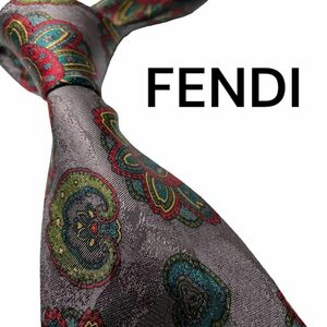 652 美品　FENDI ネクタイ　ペイズリー　厚め　光沢　グレー　高級感