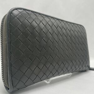 極美品●BOTTEGA VENETA ボッテガヴェネタ メンズ ビジネス 長財布 ラウンドファスナー イントレチャート 編み込み レザー グレー