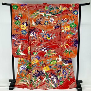 1円～ 振袖 紅型 金糸 鳥 花柄 波 レッド オレンジ マルチカラー 身丈167cm 裄丈64cm y291-2602219【Y商品】和装 着物