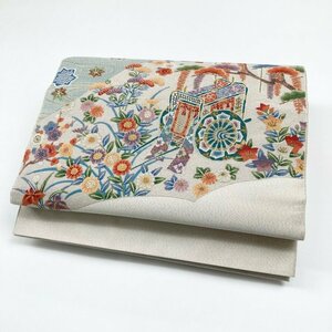 袋帯 相良刺繍 華 御所車 菊 松 草花 銀糸 グレー 銀 帯丈440cm 帯幅30.5cm y42-2527792【Y商品】和装 着物 2