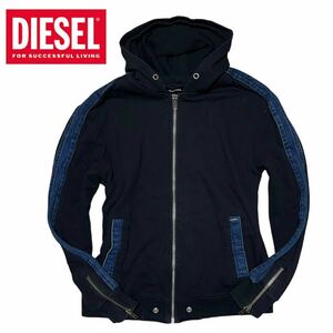 【美品】DIESEL デニム切替パーカー L ディーゼル ジップアップ フード ジャケット インディゴ ブラック 黒 フード刺繍 ロゴプレート 