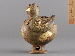 【K】古美術品 時代 銅製 鍍金 鳳凰 祥雲作 香炉 共箱 うぶだし品 e530