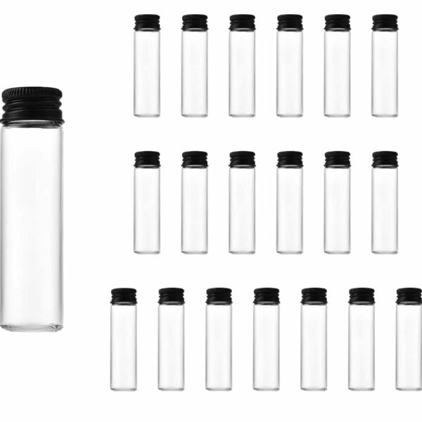 Charmoon 小瓶 透明 ガラス ミニボトル 蓋付き 密閉 小物 液体 保存 15個 セット (20ml, ブラック)