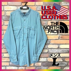 ME6-160★USA買付商品★機能性◎【THE NORTH FACE ノースフェイス】刺繍ロゴ 長袖ナイロンシャツ【メンズ L】緑 登山 トレッキング 山歩き