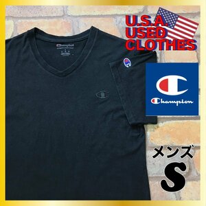 ME4-611★USA直輸入★ワンポイント★ロゴ刺繍★シンプル★【Champion チャンピオン】黒 半袖 Vネック Tシャツ【メンズ S】USA古着 ユーズド