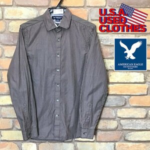 ME9-485★USA古着★良品★【American Eagle】スリムフィット 長袖ストライプシャツ【メンズ XS】茶色 小さめサイズ 柄シャツ アメカジ