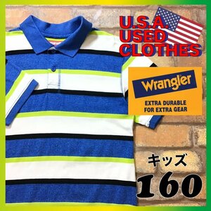 ME4-995★USA直輸入★GOODカラー★爽やか★【Wrangler ラングラー】ボーダー アウトステッチ 半袖 ポロシャツ【ユース 160】白×青 古着