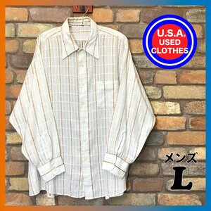 ME11-397★アメリカ買付商品★70’s VINTAGE【ガーゼシャツ】長袖 ストライプシャツ【メンズ L】白 ヴィンテージ 柔らか素材 USA古着