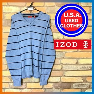 ME6-599★アメリカ購入★良品【IZOD アイゾッド】裾タブ ボーダー Vネック セーター【メンズ L】薄群青色 コットンニット ゴルフ 薄手生地