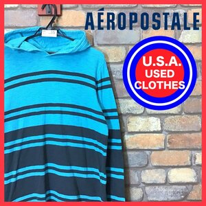 ME11-685★USA古着★正規品★【Aeropostale エアロポステール】マルチボーダー フーディー ロンT【メンズ S】ターコイズ×チャコールグレー