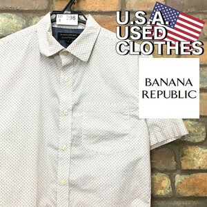 SD5-396◆状態良好◆ストレッチ・着心地◎【BANANA REPUBLIC バナリパ】半袖 スクエア 総柄 シャツ【メンズ S】白 茶 古着 ポケット