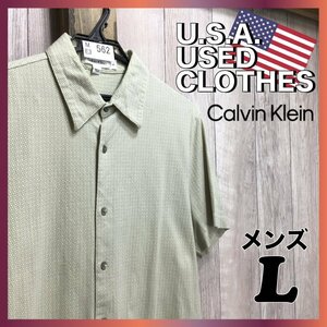 ME3-562◆USA直輸入!!◆良品・良柄◆【Calvin Klein カルバンクライン】ドット柄 半袖 ボタンダウン 総柄シャツ【メンズ M】薄緑 古着