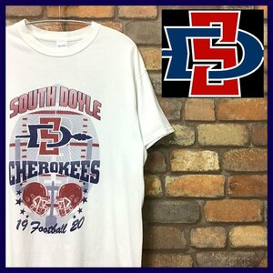 ME11-117★USA直輸入!!★GOODデザイン★【SOUTH DOYLE CHEROKEES】白 両面プリント 半袖 Tシャツ【メンズ L】USA古着 アメフト スポーツ