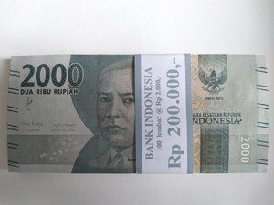 インドネシアルピア Bank Indonesia インドネシア紙幣 Rp 連番 ピン札 インドネシア 通貨 帯付き Rp2,000札 総額 Rp200,000 中央銀行 100枚