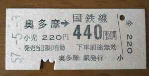 ◆青梅線　奥多摩→440円区間　B型硬券乗車券