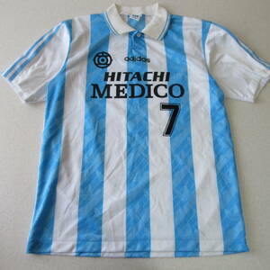 ○90s adidas◆HITACHI MEDICO サッカー ユニフォーム 社会人サッカー アルゼンチンカラー 90年代 オールド◆O XLサイズ