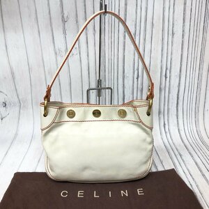 m001 F(60) オールド セリーヌ ワンショルダー ハンドバッグ レザー ホワイト レッド ステッチ マカダム ボタン CELINE ヴィンテージ