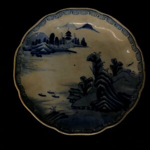 m001 H(80) 古伊万里 染付皿 楼閣山水図 骨董 Japanese Antique Koimari Plate Blue Mountain