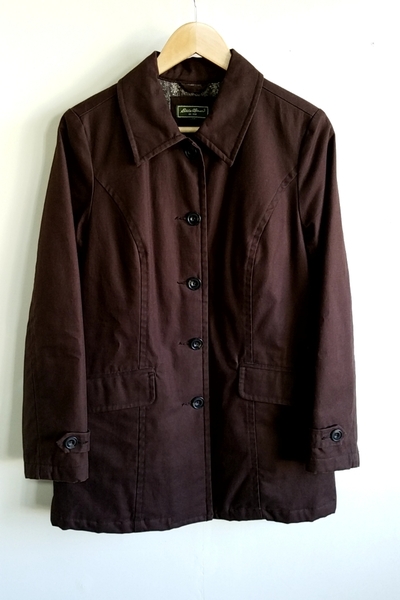 76◆エディーバウアー EDDIE BAUER ステンカラーコート サイズ表記:PS ダークブラウン 茶 レディース 裏地花柄 中古 USED