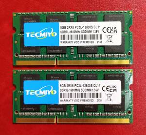 MP233-A【動作品】TECMIYO DDR3L-1600 8GB×2枚 計16GB 1.35V【送料無料】PC3L-12800 ノートＰＣ用 non-ECC Unbuffered