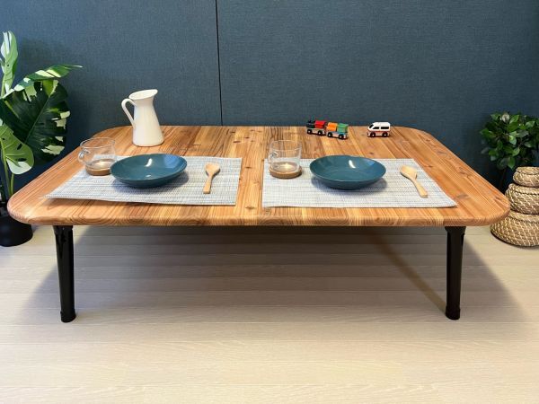 [무료 배송] 로우 테이블 직사각형 120cm 70cm 삼나무 수직 패턴 4코너 R 접이식 다리, 수제 작품, 가구, 의자, 테이블, 책상