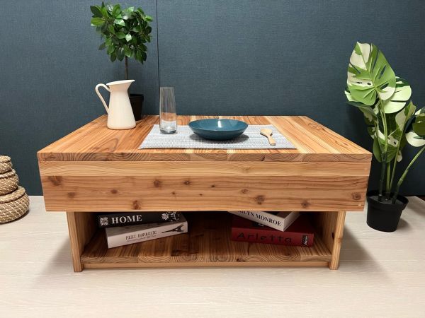 [Free Shipping] Low Table Box Shape 90cm 60cm Hidden Storage Cedar, handmade works, furniture, Chair, table, desk