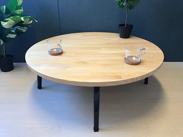 [Free Shipping] Low Table Round 90cm Pine Natural Folding Legs, handmade works, furniture, Chair, table, desk