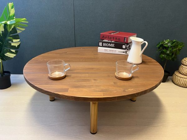 [Free Shipping] Low Table Round 90cm Pine Brown Screw-in Legs, handmade works, furniture, Chair, table, desk